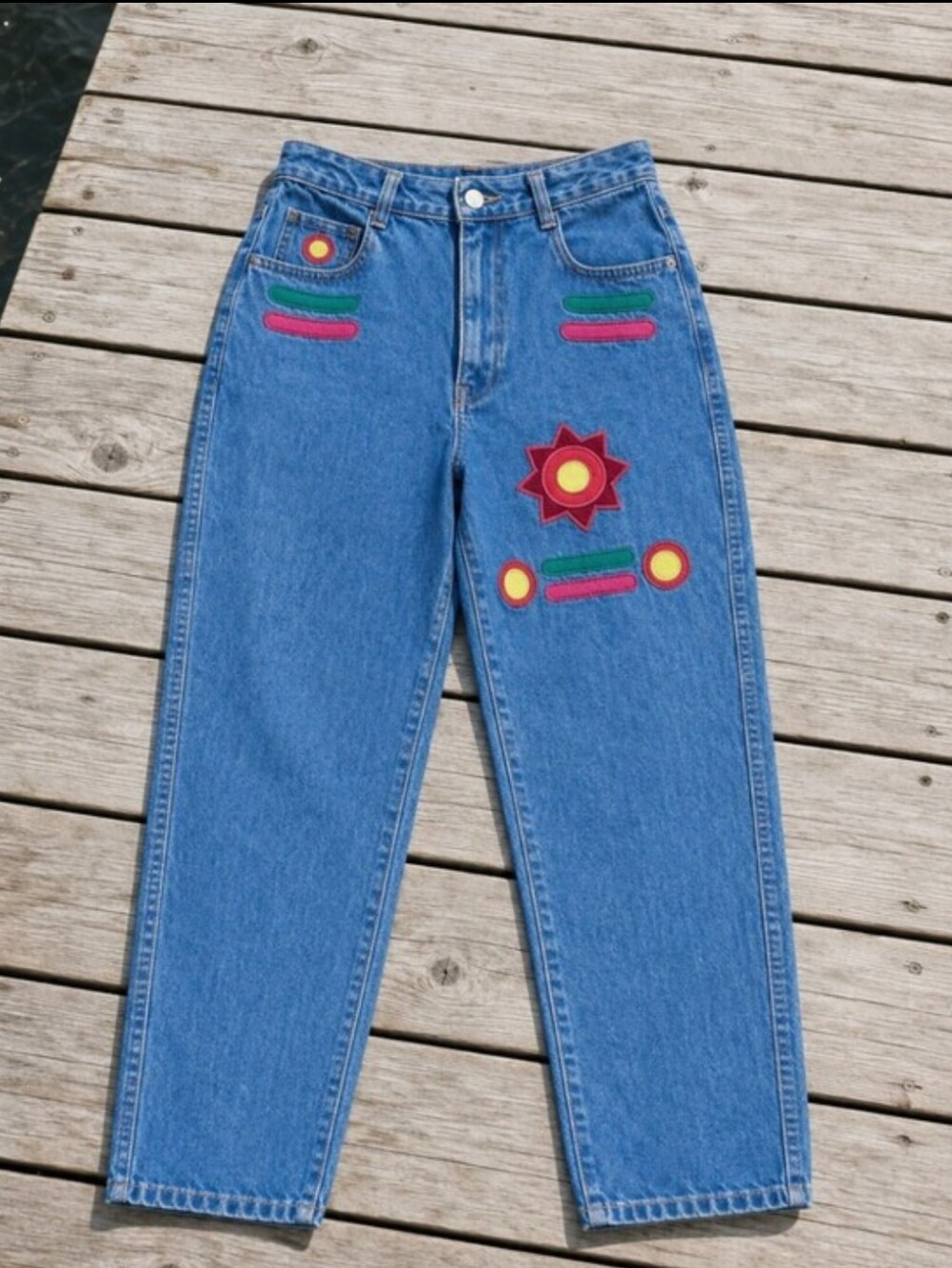 Boom Boom Jeans Blue Colorful Embroidered High-Waist Tapered Mom EUC W27 L30